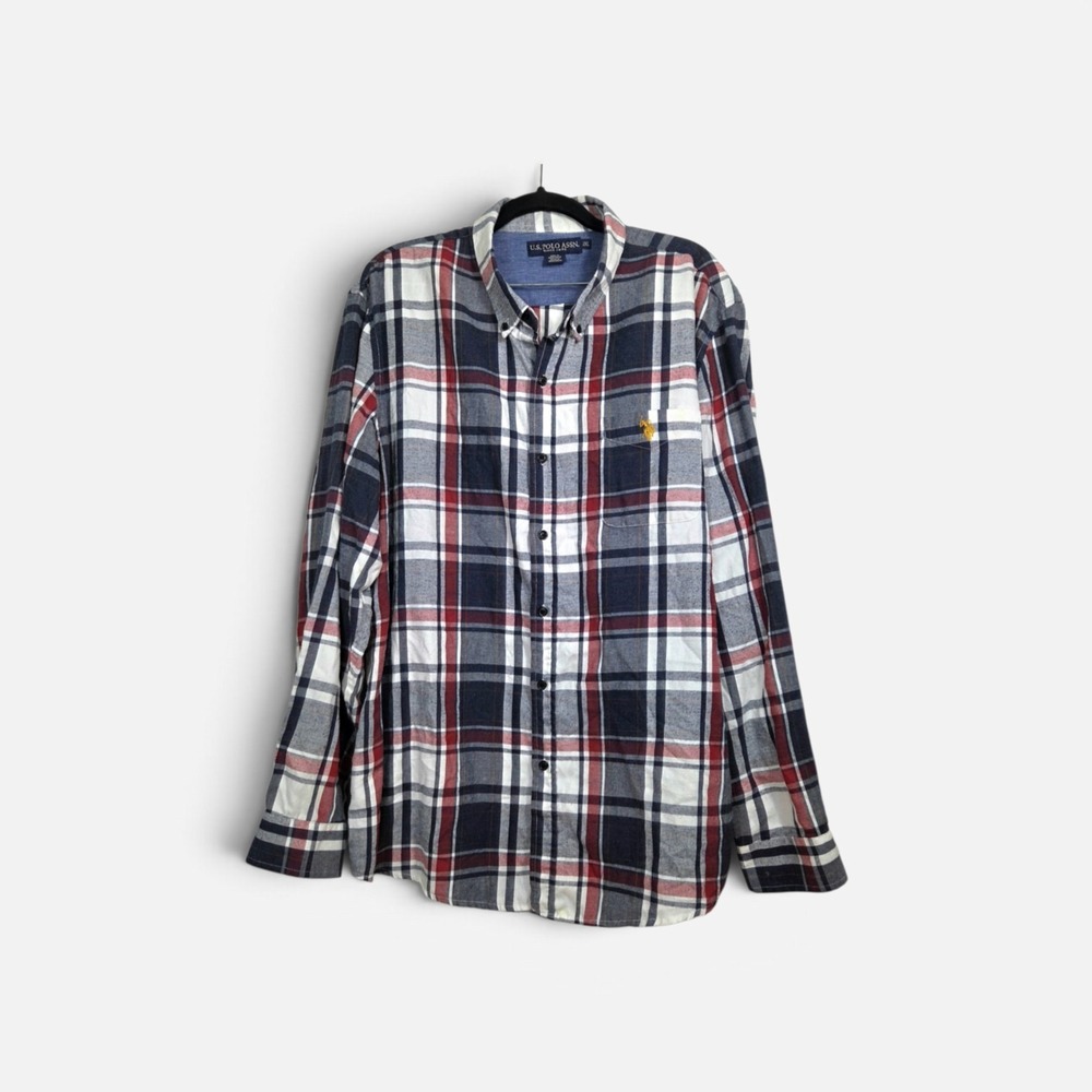 US Polo Assn Mens 2XL Plaid Flannel Shirt Navy Red White Long Sleeve Pocket